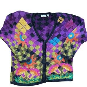 1980s Mix It Cardigan Colorful XL 2X Shoulder Pads Argyle Flower Purple Orange